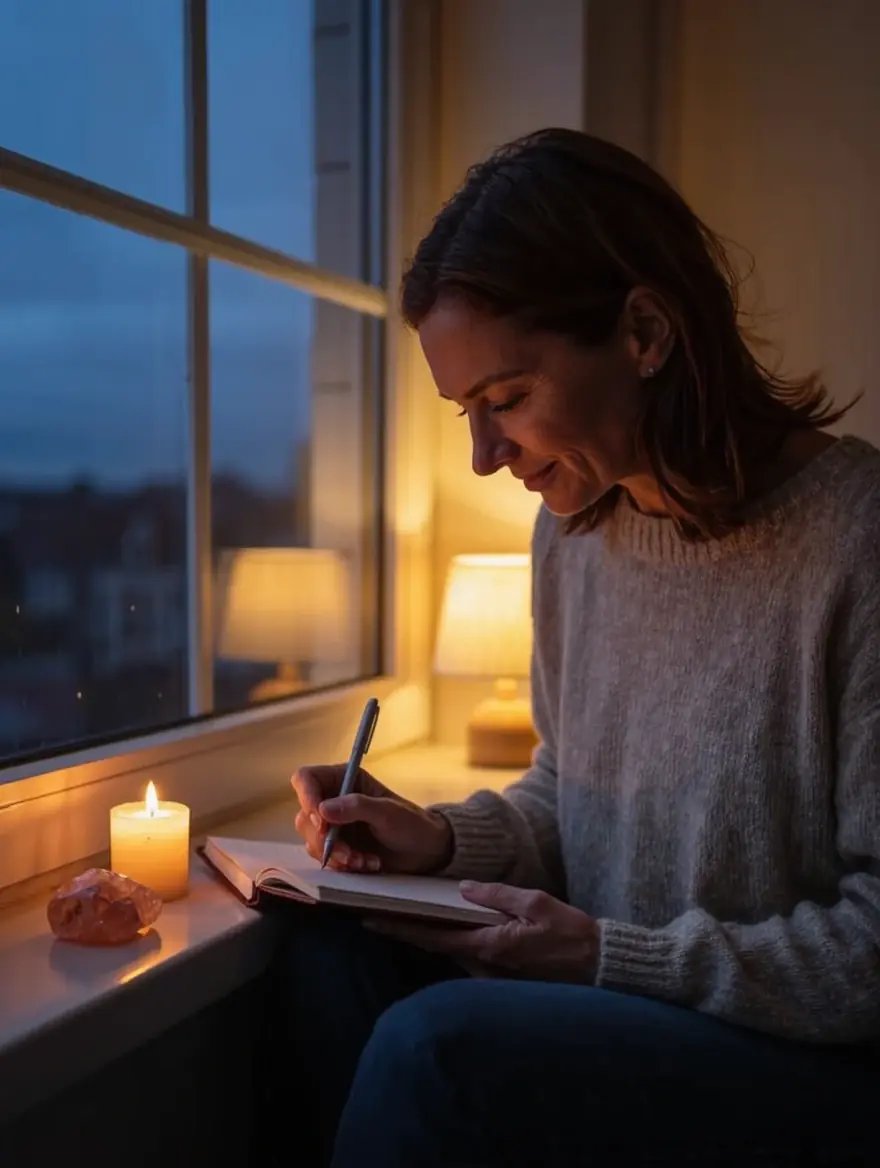 Woman journaling by a window at dusk with a candle